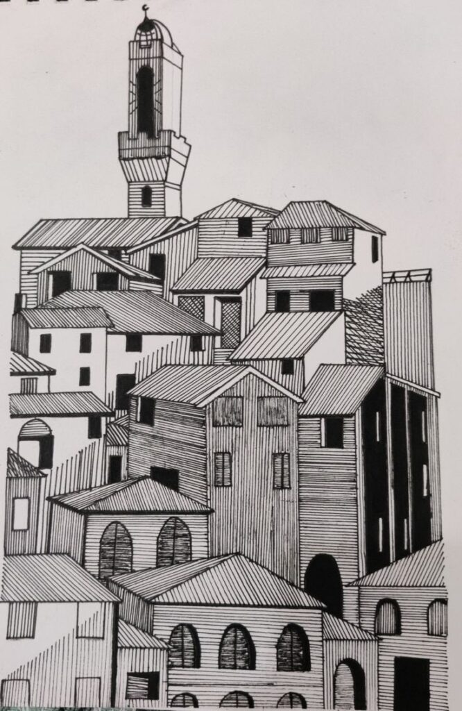 Black and white architectural drawing of a cluster of buildings with a tall tower, detailed with lines and arches.