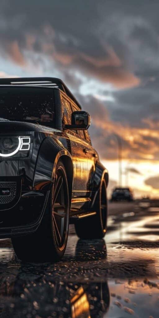 Close-up of a luxury SUV on wet pavement with a dramatic sunset sky in the background.