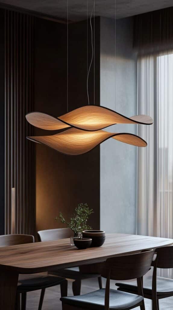 Modern wooden pendant light above dining table in elegant, minimalistic room with soft natural lighting.