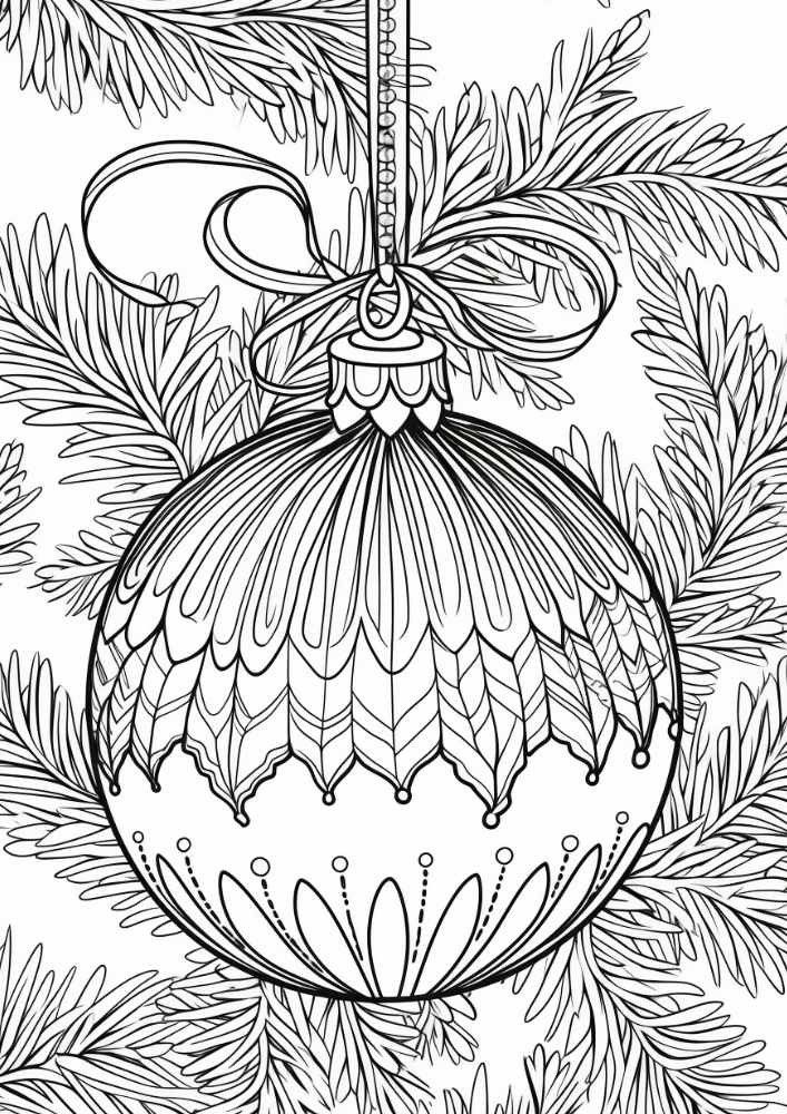 803e5871-4b2a-4a2a-92cd-abcc07a804ee Intricate Christmas ornament hanging among fir branches, perfect for festive holiday coloring activities. | Sky Rye Design Intricate Christmas ornament hanging among fir branches, perfect for festive holiday coloring activities.