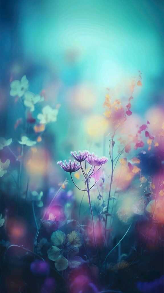 Dreamy wildflowers with soft, vibrant colors in a blurred, ethereal field.