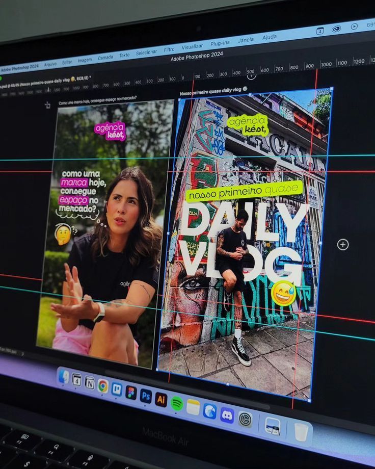 Designing engaging digital content in Adobe Photoshop 2024 with vibrant text and graffiti backgrounds.