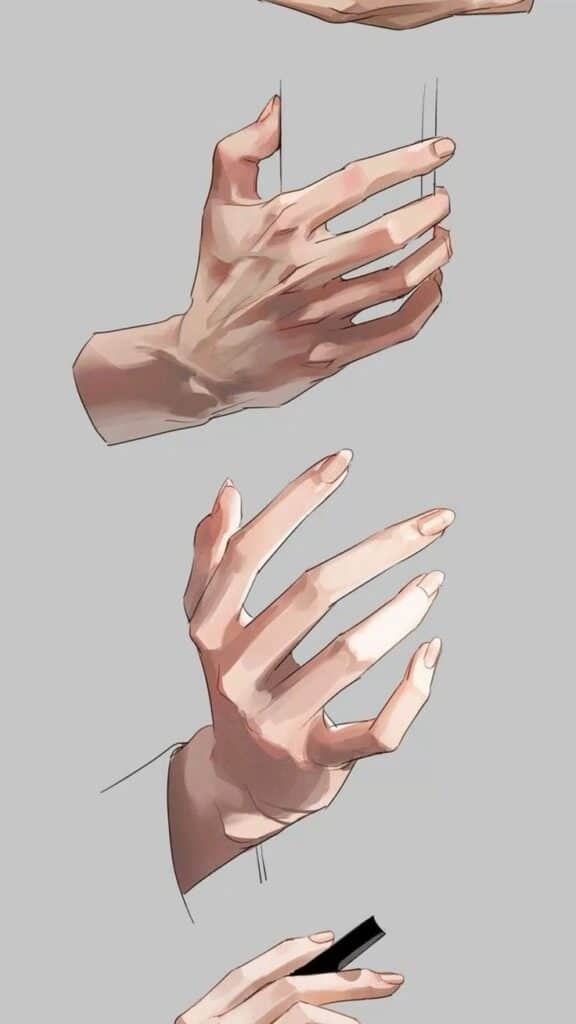 Illustrated hands in various poses on a gray background, showcasing hand anatomy and expressive gestures.