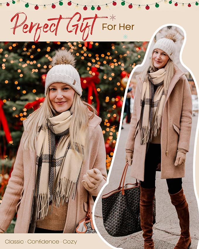 81cO2AtVt-L_AC_SX679_ Woman in winter outfit by festive Christmas lights, wearing a beige coat, scarf, and beanie, labeled Perfect Gift For Her. | Sky Rye Design Woman in winter outfit by festive Christmas lights, wearing a beige coat, scarf, and beanie, labeled Perfect Gift For Her.