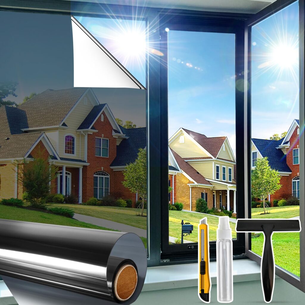 81su4wT0lGL Sun blocking window film kit on sunny day, featuring a partially applied film, houses, and installation tools. | Sky Rye Design Sun blocking window film kit on sunny day, featuring a partially applied film, houses, and installation tools.
