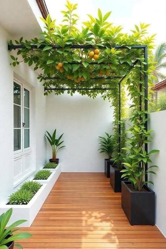 Modern patio with wooden deck, potted plants, and lush trellis with fruit-bearing vines against a white wall.