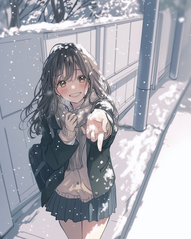 Anime girl in winter clothing reaches out on a snowy sidewalk, smiling brightly with snowfall around her.