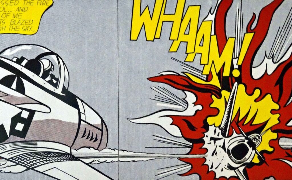 Comic art with fighter jet shooting another plane, featuring bold WHAAM! text and vivid explosion effects.