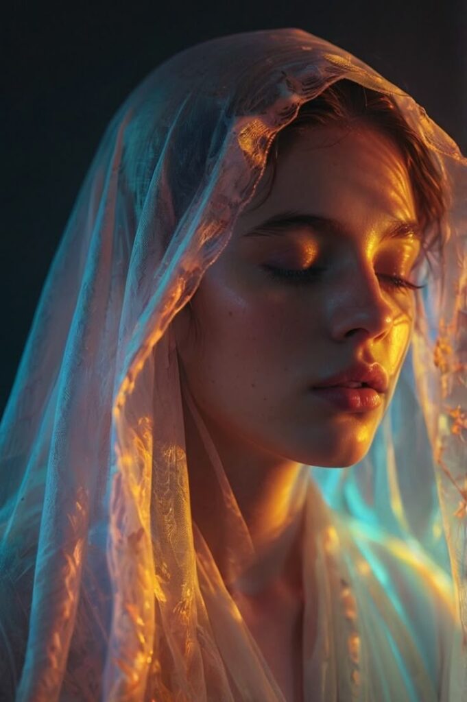 Woman with closed eyes under sheer veil, illuminated by soft golden and blue lighting, conveying serenity and grace.