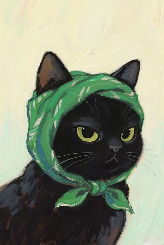 85291378-4e50-409b-8b8e-b2d72aa2c8a9 Black cat wearing a green scarf on its head, whimsical illustrated portrait, charming feline expression. | Sky Rye Design Black cat wearing a green scarf on its head, whimsical illustrated portrait, charming feline expression.