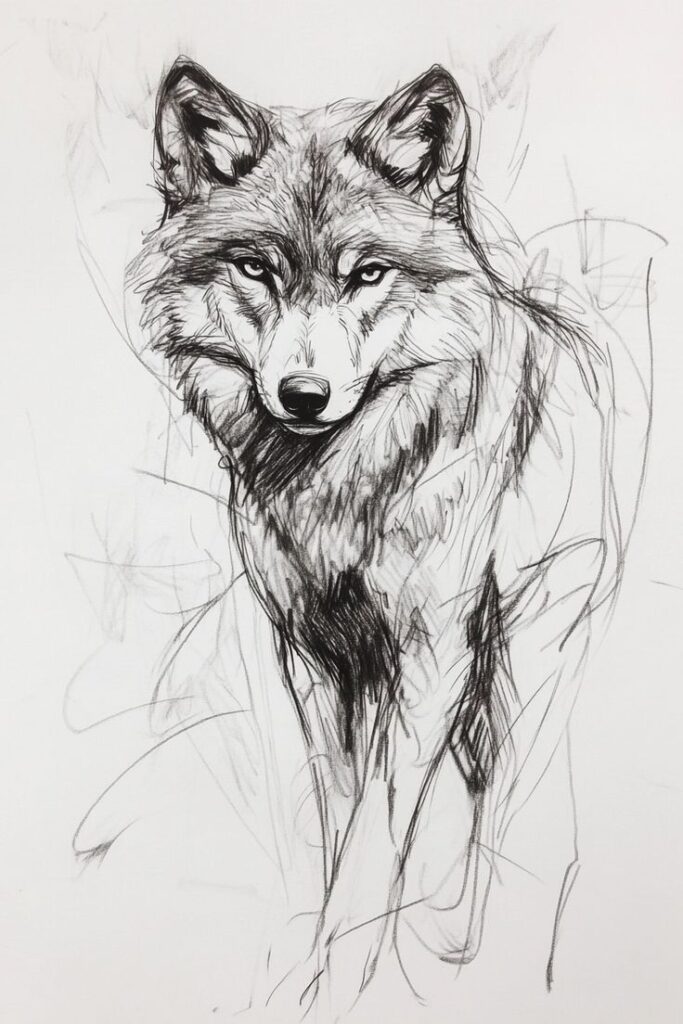 85f9fdbf0f52b0aba95058db45a3f6ac Sketched wolf in detailed black and white drawing, showcasing piercing eyes and textured fur. | Sky Rye Design Sketched wolf in detailed black and white drawing, showcasing piercing eyes and textured fur.