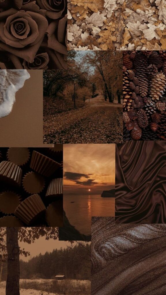 86097f9d-0f93-4e16-8fd0-7c0381c3bf3f Autumn collage with brown roses, leaves, pinecones, chocolate, sunset over water, and a snowy forest. Cozy fall vibes. | Sky Rye Design Autumn collage with brown roses, leaves, pinecones, chocolate, sunset over water, and a snowy forest. Cozy fall vibes.