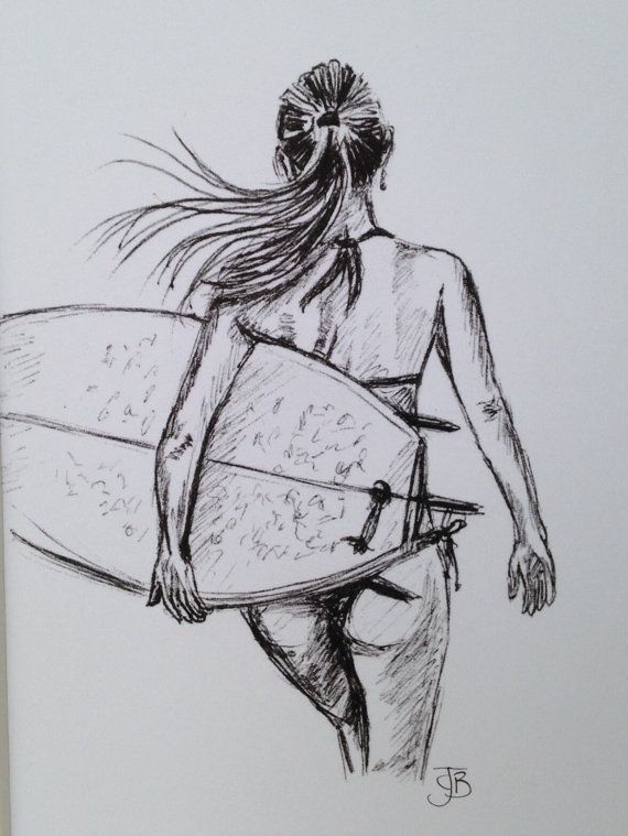 Sketch of a woman with a surfboard, showcasing beach lifestyle and adventure.
