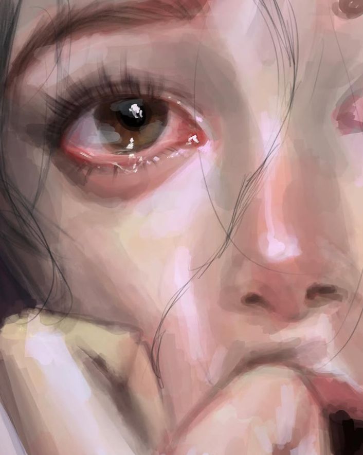 Digital painting of an expressive eye and face in pastel tones, showcasing intricate details and subtle emotion.