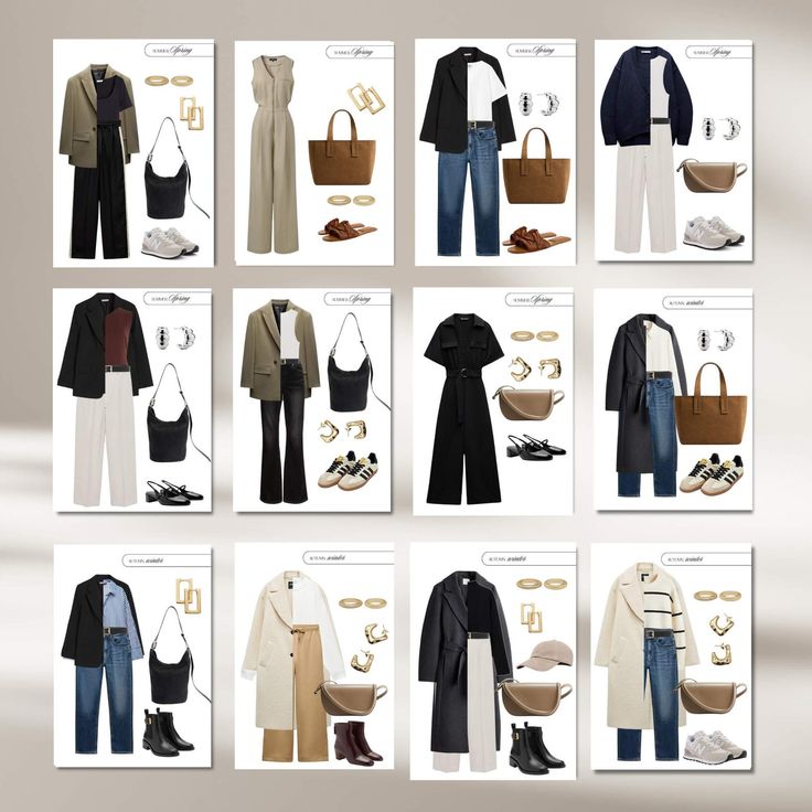 Stylish outfit grid showcasing versatile fashion combinations with accessories and footwear for every occasion.