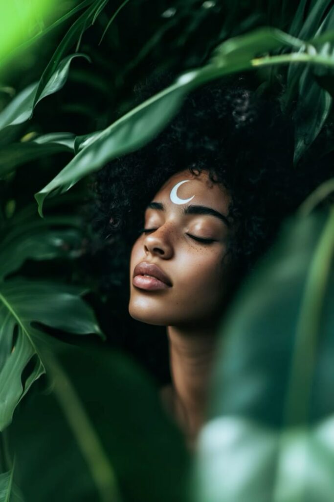 Serene woman with crescent moon on forehead surrounded by lush green leaves, eyes closed in peaceful nature setting.