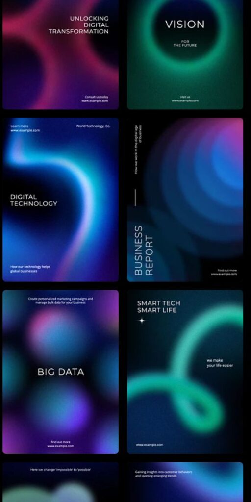 Business innovation concepts with digital transformation, vision, tech, big data, and smart tech themes with vibrant backgrounds.