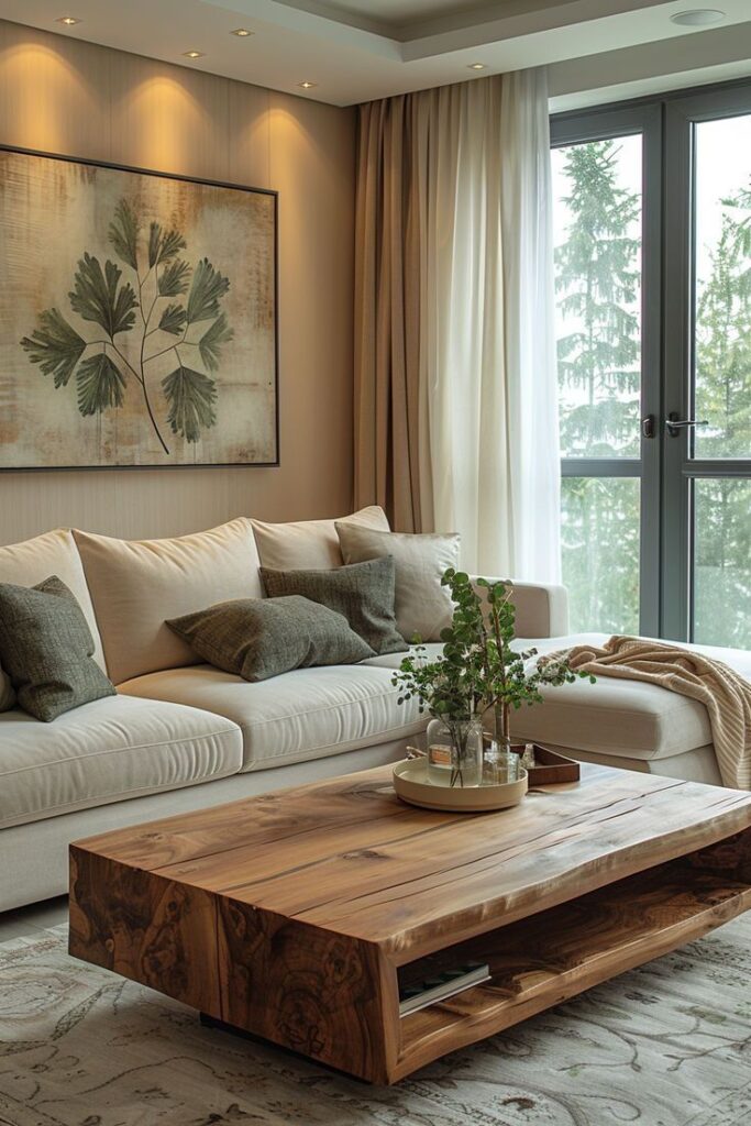 Modern living room with a cozy sofa, wood coffee table, leafy artwork, and large window with curtains.