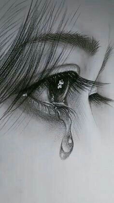 Pencil sketch of a tearful eye with a single tear falling, capturing emotion and detail in monochrome art.