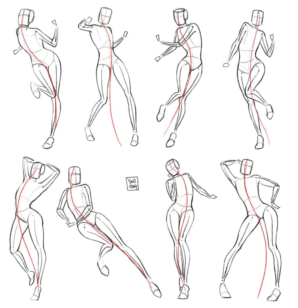 Gesture drawing study displaying dynamic human poses with red lines indicating movement flow.
