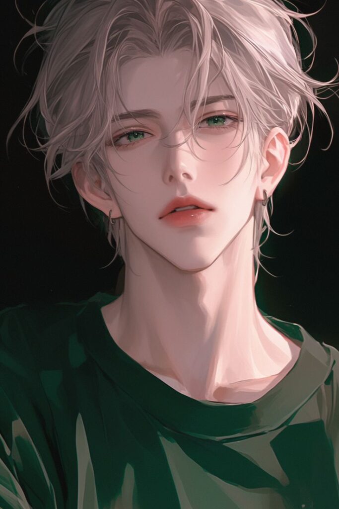 Anime character with tousled hair, green eyes, and wearing a dark shirt, gazing thoughtfully into the distance.