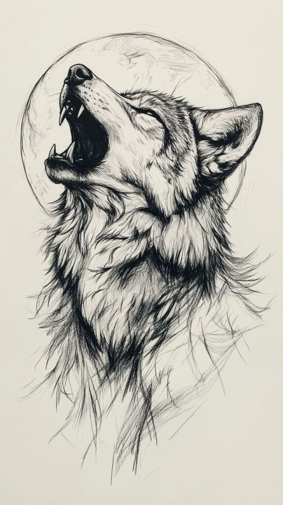 8aded46f078055d99e2c57dd211f80c3 Wolf howling at the moon, detailed black and white sketch, showcasing its expressive face and fur. | Sky Rye Design Wolf howling at the moon, detailed black and white sketch, showcasing its expressive face and fur.