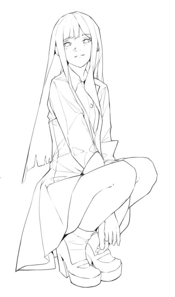 Anime character sketch: seated girl with long hair, wearing a coat and platform shoes, smiling subtly.