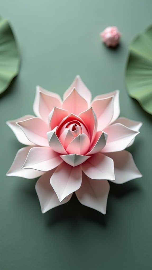 8c3b2a544fe19eb295faabf7a0af6f8c Pink paper lotus flower with green leaves on a soft background, showcasing intricate origami craftsmanship. | Sky Rye Design Pink paper lotus flower with green leaves on a soft background, showcasing intricate origami craftsmanship.