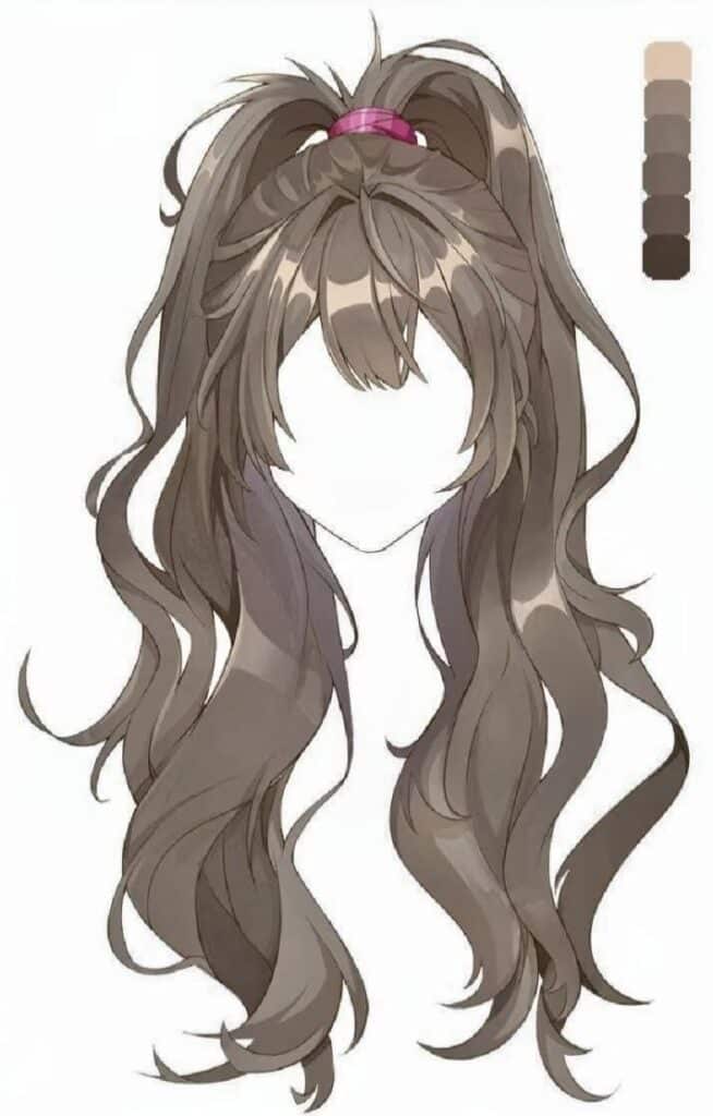 Illustration of long, wavy brown hair with highlights, styled in a high ponytail with a pink hairband.