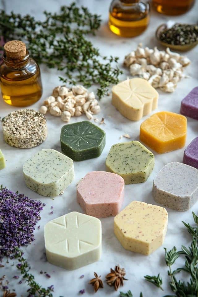 Colorful handmade soaps with herbs and essential oils on a marble surface, featuring natural and organic ingredients.