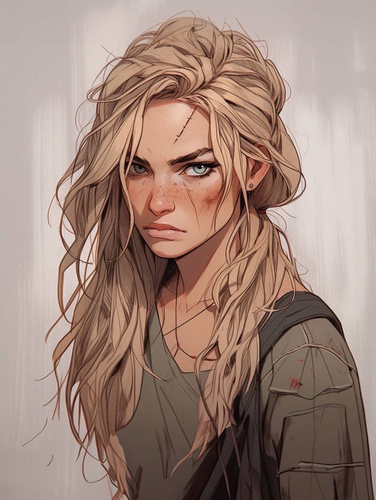 Illustration of a fierce woman with long blonde hair, determined expression, and rugged clothing against a neutral background.