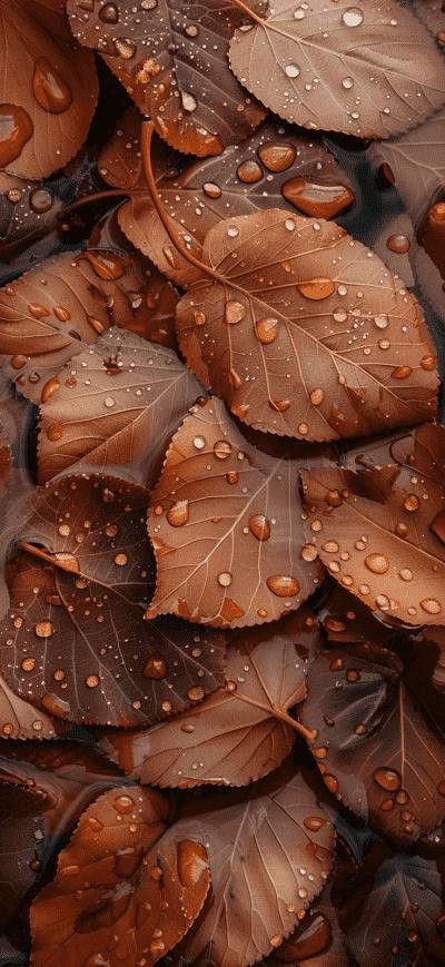Dew-covered brown leaves create a textured autumn background, enhancing the seasonal theme with water droplets.