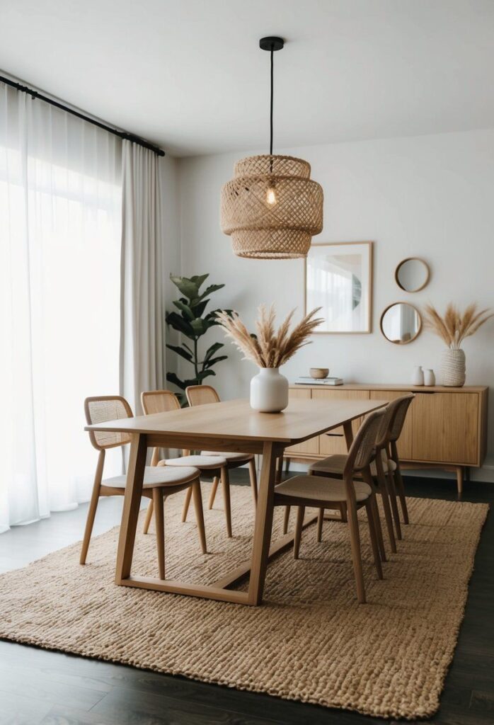 Modern dining room with wooden table, chairs, woven light fixture, and beige decor for a stylish, cozy ambiance.
