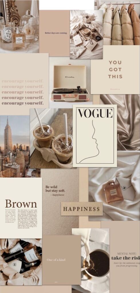 Beige aesthetic collage with fashion, coffee, and motivational quotes for a calm, stylish vibe.
