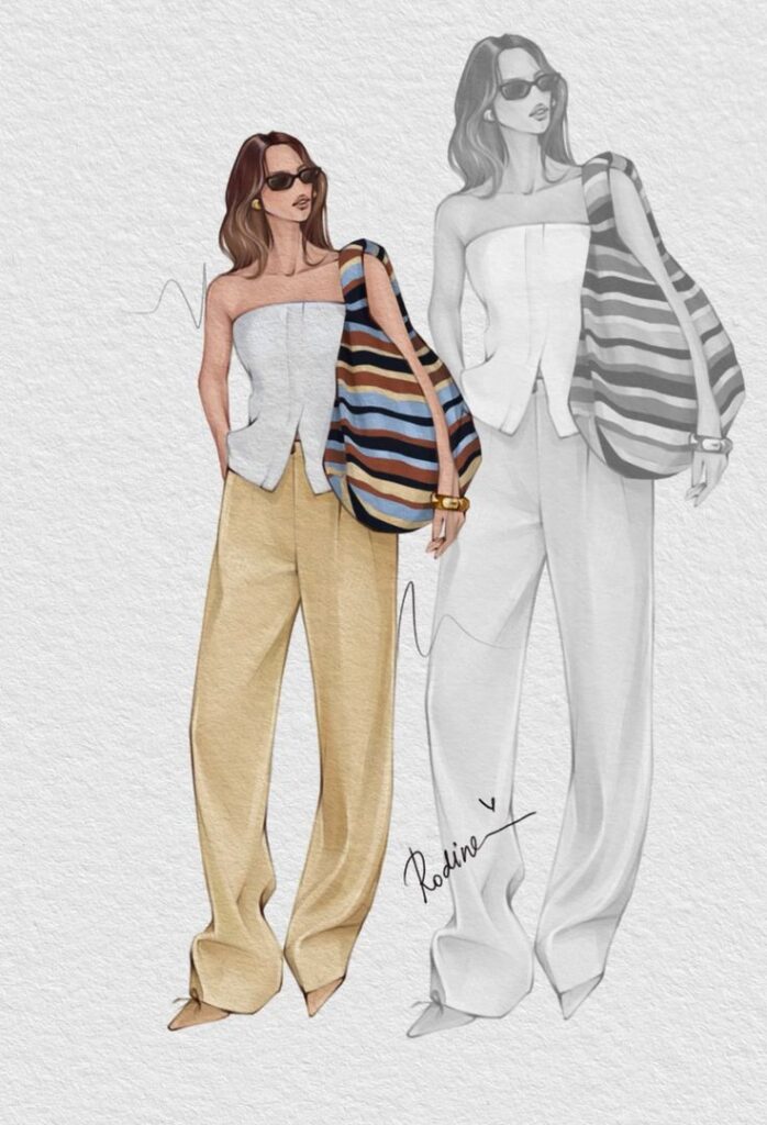 Fashion illustration of a stylish woman in wide-leg pants, striped bag, and sunglasses on textured background.