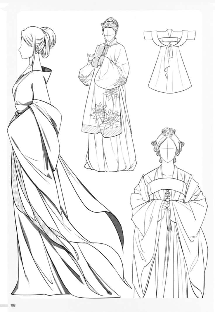 Illustration of traditional Asian attire, featuring detailed full-length and bust designs with floral patterns.