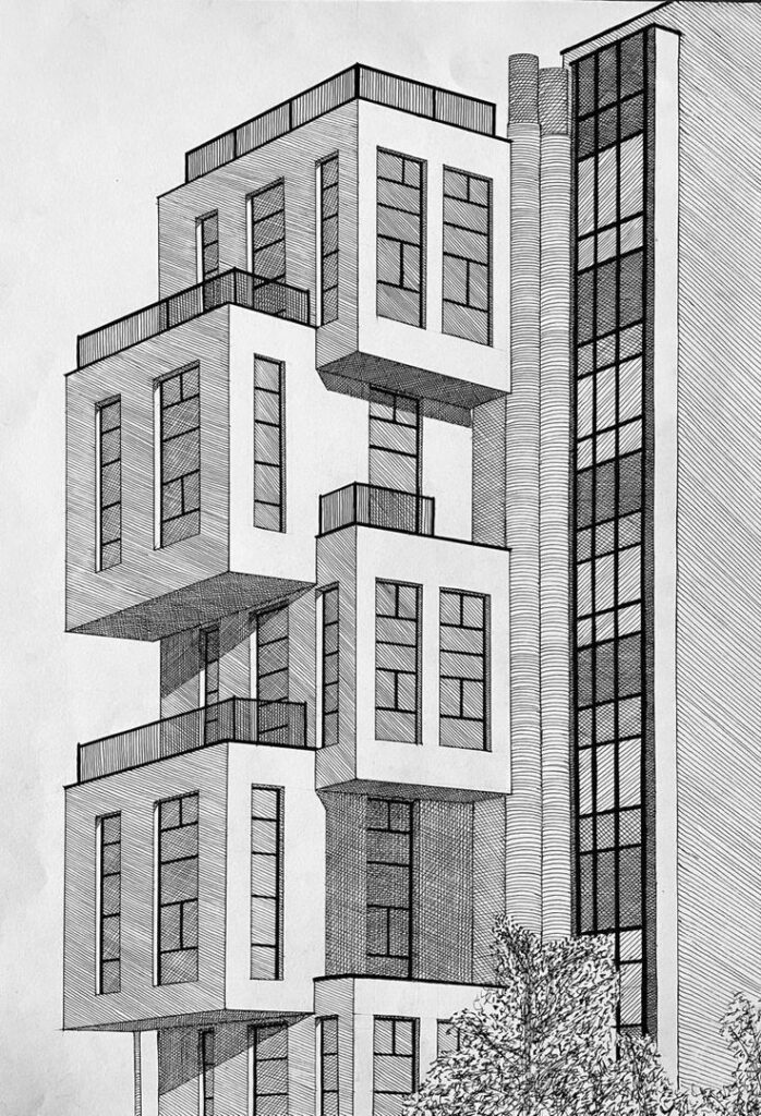 Abstract architectural sketch of stacked geometric building design with large windows and vertical elements.