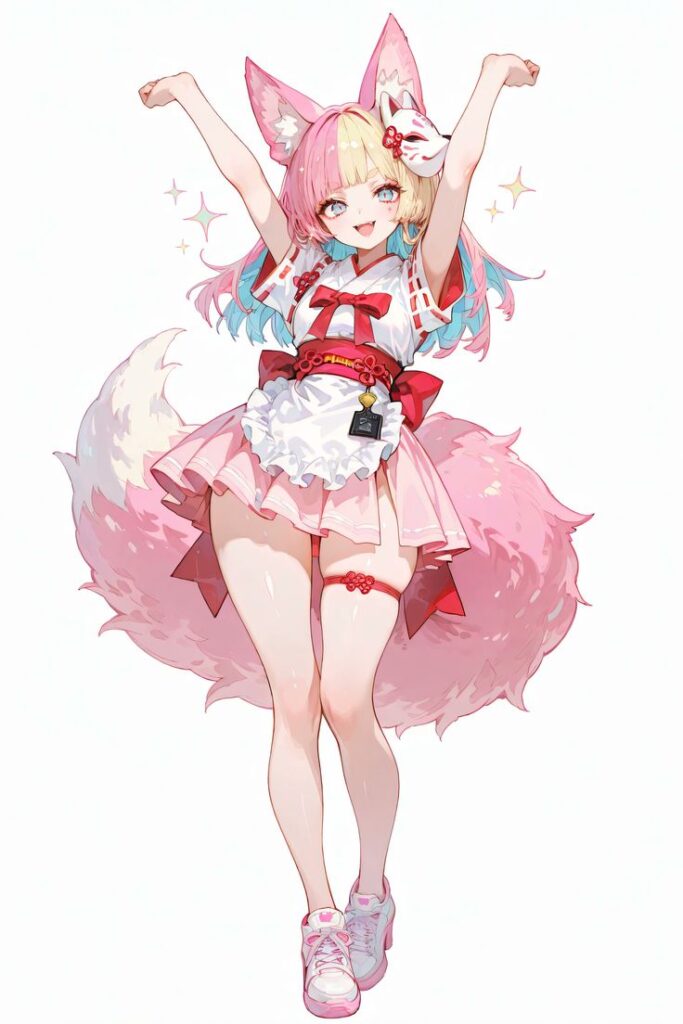 Cheerful anime girl with fox ears, pink hair, and fluffy tail wearing a red and white outfit and pink sneakers.