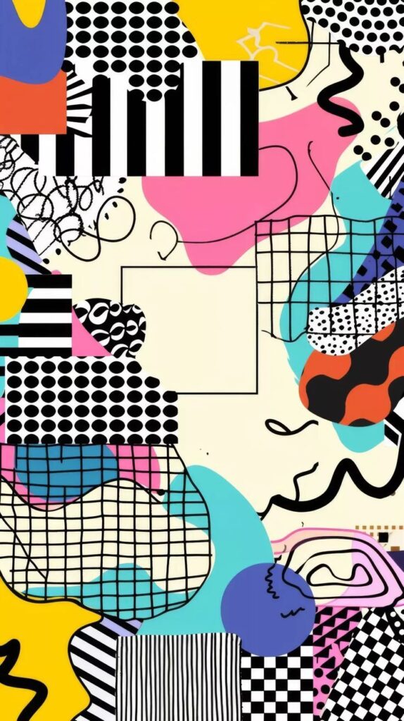 Colorful abstract geometric pattern with bold shapes, lines, and dots. Retro design, vibrant colors, and artistic flair.