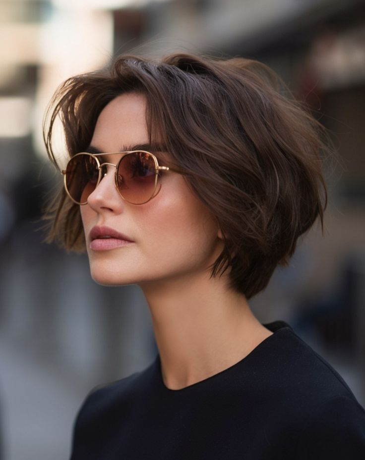 Woman with short brown hair and sunglasses, wearing a black top, walking in an urban setting.