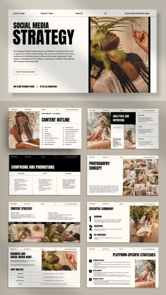 Social media strategy presentation template with text, images, and sections like content outline and analytics.