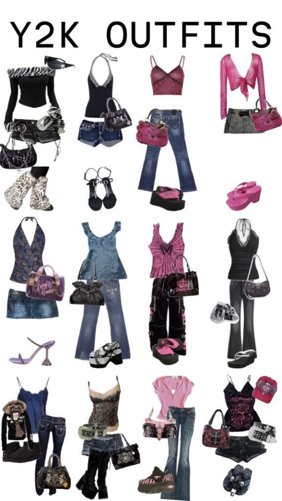 Collage of Y2K outfits featuring jeans, tops, bags, platform shoes, and accessories in vibrant, trendy styles.