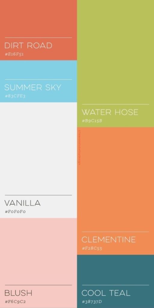 Palette of colors: Dirt Road, Summer Sky, Water Hose, Vanilla, Clementine, Blush, Cool Teal. Hex codes included.