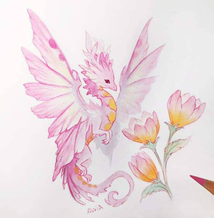 Watercolor illustration of a pink dragon with flowers, blending fantasy and nature in soft hues.