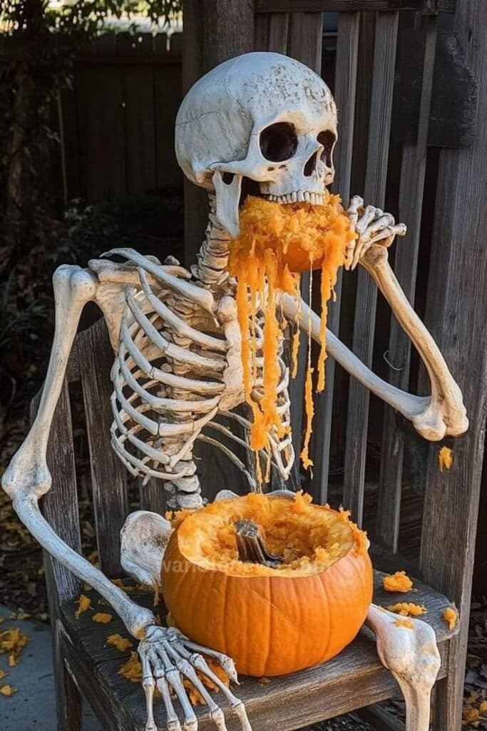 Skeleton humorously munching on pumpkin guts, perfect for Halloween decor or seasonal fun.