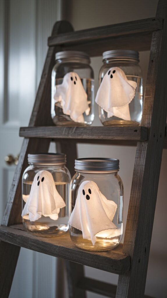 _ 9 DIY ghost lanterns in jars on a wooden ladder, perfect for Halloween decor. | Sky Rye Design DIY ghost lanterns in jars on a wooden ladder, perfect for Halloween decor.