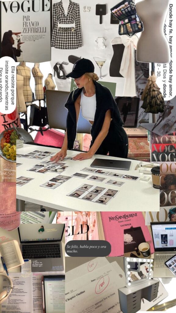 Fashion design workspace with mood board, sketches, laptop, and fashion magazines for creative inspiration.