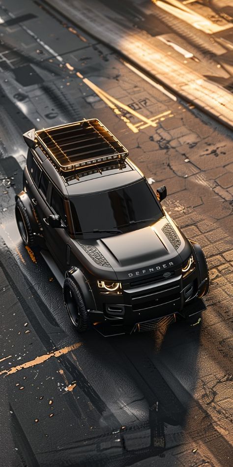 Sleek black off-road SUV on wet urban street, highlighted by sunset reflections, showcasing rugged elegance.