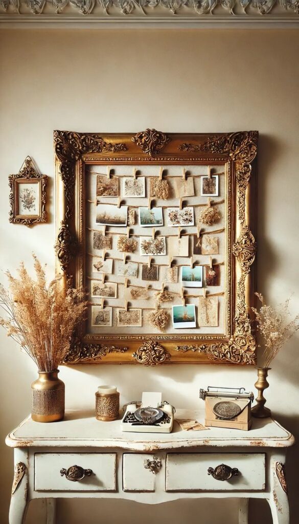 Vintage gallery wall with ornate frame and postcards above antique table with typewriter and dried flowers.