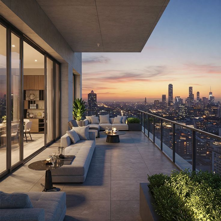 Modern rooftop terrace with cozy seating overlooking vibrant city skyline at sunset.